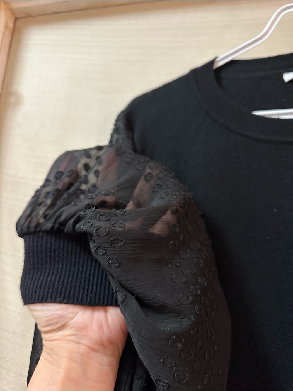 Sioni Black Sweater Top Sheer Embroidered Sleeve Crochet Trim Large - Picture 2 of 7